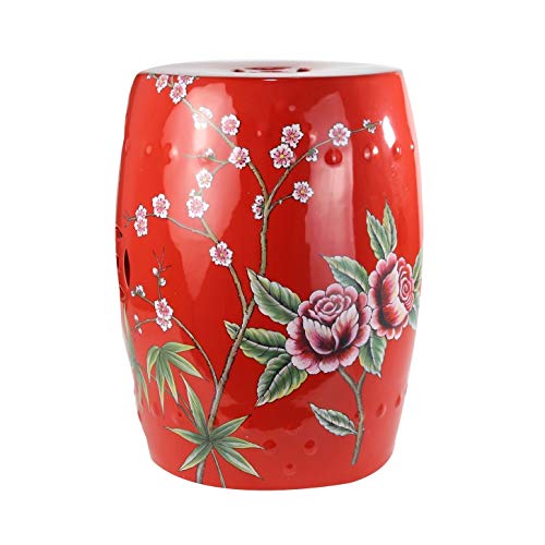 Fine Asianliving Keramik Hocker Pfingstrosen Rot Handgefertigt D33xH46cm China Keramik Gartenhocker Porzellan Glasierte Keramik Stool Chinesische Hocker Drum Garden Stool