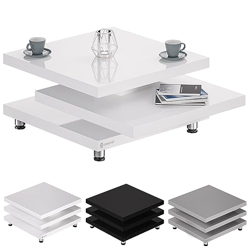 Casaria® Couchtisch 72x72 cm Weiß Hochglanz Design Modern 360° drehbare Tischplatte höhenverstellbare Füße Holz Sofatisch Wohnzimmertisch Cube New York