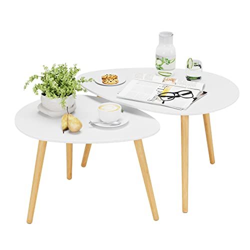 FOREHILL 2er Set Beistelltisch, Satztisch Couchtische Weiß, Kaffeetisch Wohnzimmertisch aus Holz, skandinavischer Stil, großer Tisch(75.8x52.7x46.3cm), Kleiner Tisch(63x48x42cm)