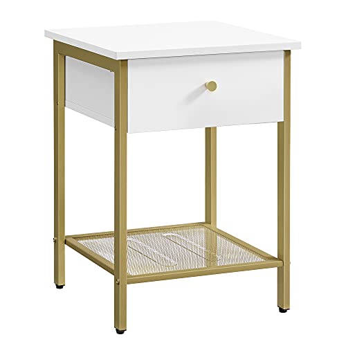 VASAGLE Nachttisch, Beistelltisch, mit Schublade und Gitterablage, für Schlafzimmer, Wohnzimmer, modern, weiß-goldfarben LET512A10