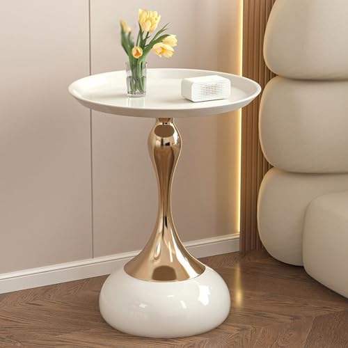 SMTBMS Gold Runder Beistelltisch - Eleganter Cocktail- und Getränketisch für Wohnzimmer und kleine Räume Nachttisch Couchtisch,Weiß