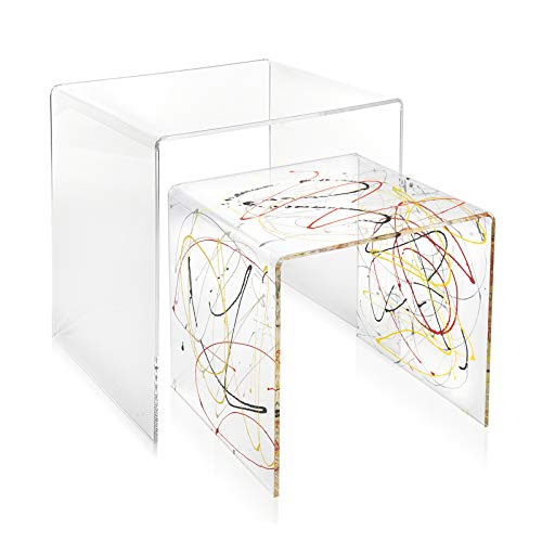 iPLEX – Set aus 2 Beistelltischen, Design 80er Jahre aus transparentem Plexiglas, Motiv: Bunte Skizze, Möbeleinrichtung