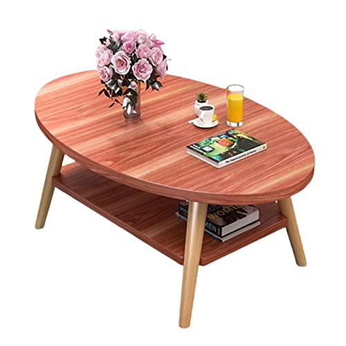 Desk Ovaler 2-stufiger Couchtisch, ovaler Couchtisch aus Holz mit offenem Regal, moderner Beistelltisch mit Sofa-Seitenakzent und Beinen aus Massivholz, Couchtisch für Wohnzimmermöbel, Gelb, 90×