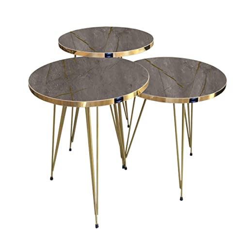 moebel17 5392 EYGD09 - Beistelltisch 3 er Set rund - Kaffeetisch Satztisch mit Metallgestell, Wohnzimmertisch Tisch, Braun, Füße vergoldet, Breite 38 cm x Höhe (H) 45,5 cm (H) 49,5 cm (H) 53,5 cm