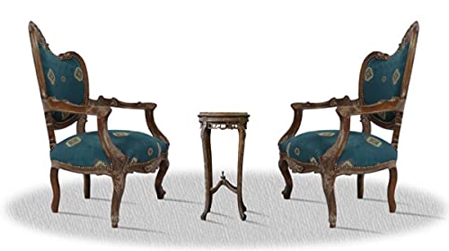 Casa Padrino Barock Salonstuhl Set mit Beistelltisch braun/blau mit Muster/Bronze Nägel - Hotel Kollektion