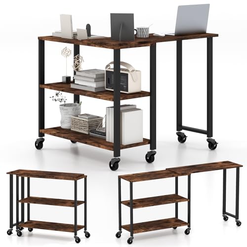 GIANTEX Seitentisch, Beistelltisch, Beistelltisch, Beistelltisch, tragbar, drehbarer Schreibtisch, mit 6 Rollen, dreifacher Stauraum, PC-Halterung