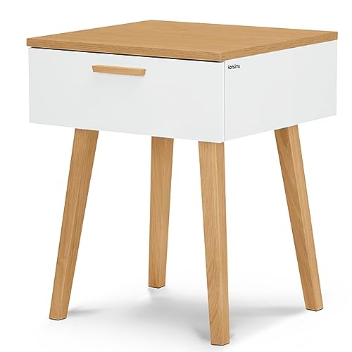 Konsimo Frisk Kollektion Nachttisch 48x60x46cm - Weiß Beistelltisch im Skandinavischen Stil - Nachtschrank mit Holzbeinen - Nachttisch mit Schublade aus Holz - Robust Nachtkästchen