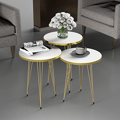 [en.casa] Beistelltisch-Set Ry Satztisch 3er Set Weiß Abstelltisch mit runder Tischplatte Hairpinlegs aus Metall Goldfarben Wohnzimmertisch