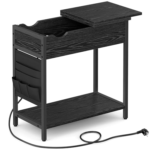 VASAGLE Beistelltisch, Nachttisch mit Steckdose, schmal, mit USB-Anschlüssen, Tasche, für Wohnzimmer, Schlafzimmer, schwarz mit Holzmaserung LET311B56