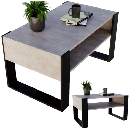 CraftPAK Wohnzimmer Tisch für Couch aus hochwertigem Holzwerkstoff, moderner Couchtisch mit zusätzlicher Ablagefläche, Sofatisch für Wohnzimmer, Farbe Beton Schwarz