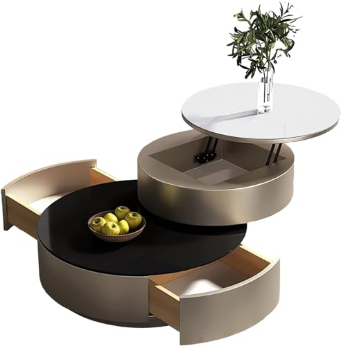 BaoBaJiu Höhenverstellbarer Runder Couchtisch mit Stauraum - 2er Set, Moderner Ausziehbarer Wohnzimmertisch in Gold, Multifunktionaler Beistelltisch aus Holz