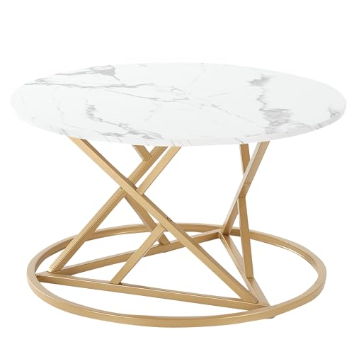 Liink1Ga Marmor Couchtisch Weiß Rund Marmor Tisch für Wohnzimmer, Modern Couch Beistelltisch Sofatisch Rund mit Champagnergoldenem Rahmen und Platte in Marmoroptik(Kunstmarmor)
