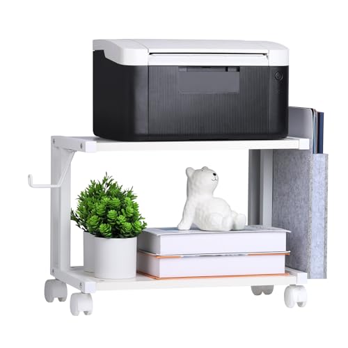UOMIO Druckertisch mit Rollen 2 Ebenen Druckerständer Druckerwagen Holz mit Aufbewahrungsbeutel Klein Beistelltisch Regal für Drucker Fax Kopierer Scanner - Weiß