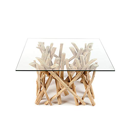 Invicta Interior Design Teakholz Couchtisch Driftwood mit Glasplatte eckig Tisch Treibholz Holztisch Wohnzimmertisch
