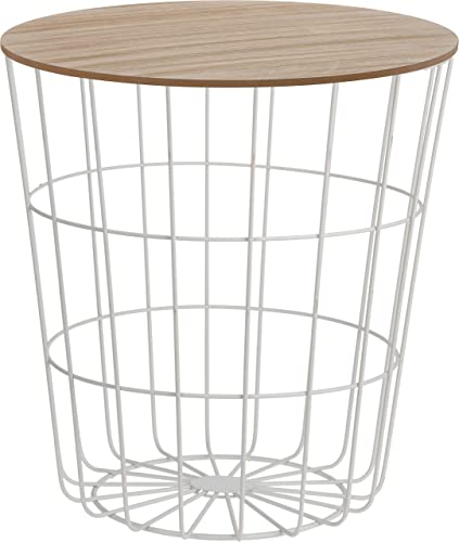 Meinposten Beistelltisch Nachttisch Tisch Korb mit Stauraum Ø 39 cm H=41 cm couchtisch rund drahtkorb Metall Holz weiß mit Deckel