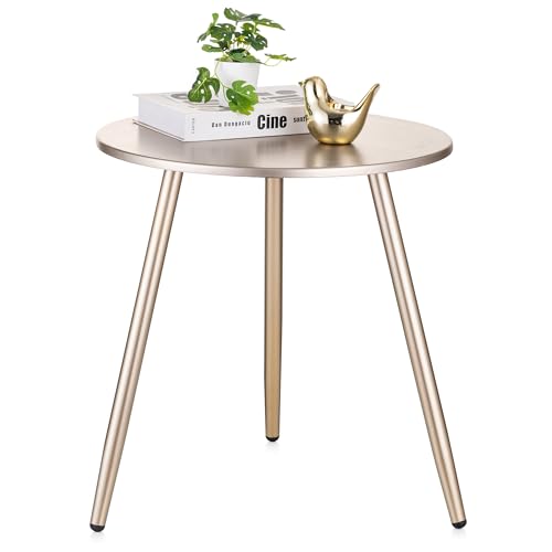 Hanobe Beistelltisch Rund Tisch Holz: Modern Luxuriös Gold Kleiner Holz Beistelltisch für Wohnzimmer mit 3 Tischbeine aus Metall Klein Outdoor Couch Sofa Tische fürs Garten, 45 x 45cm