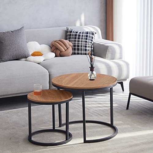 GrandCA HOME Set mit 2 runden Beistelltischen 2-in-1 Kombination Nordic Tavolino Tischplatte mit Dichte und Stahl, 44,5 x 60 x 60 cm, industrieller Stil (Dark Brown)…