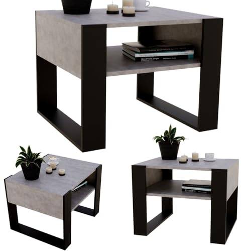 CraftPAK Wohnzimmer Tisch für Couch aus hochwertigem Holz, Stabiler & moderner Couchtisch mit zusätzlicher Ablagefläche Farbe, Beton Schwarz