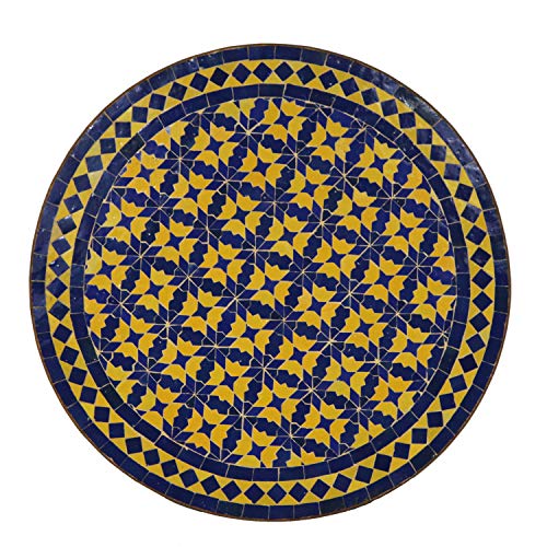 Mediterraner Gartentisch marokkanischer Mosaiktisch Ø 60 cm rund blau-gelb mit Gestell Höhe 75 cm | Kunsthandwerk aus Marrakesch | Dekorativer Beistelltisch Bistrotisch Balkontisch | MO10009